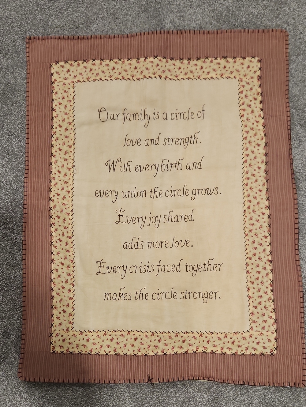 VINTAGE Embroidered Family Quote Wall Hanging in Cream and Mauve